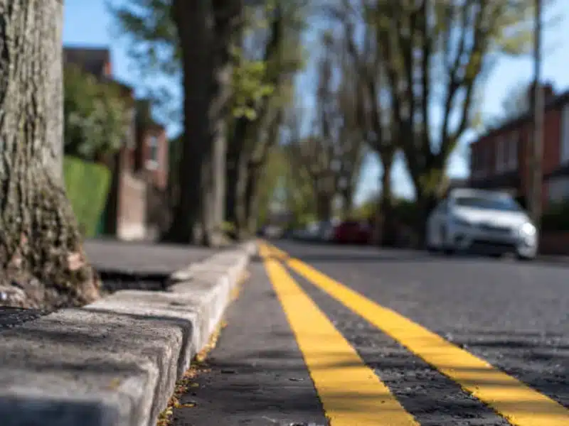 Close-up of yellow double curb lines painted along a residential street with parked cars and trees.