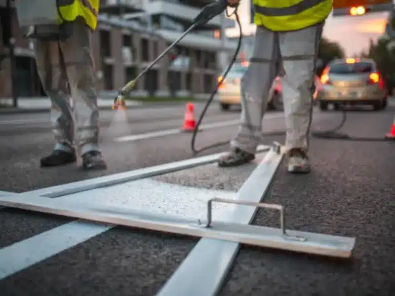oad marking crew applying fresh lane striping on city street with traffic cones and spray equipment.